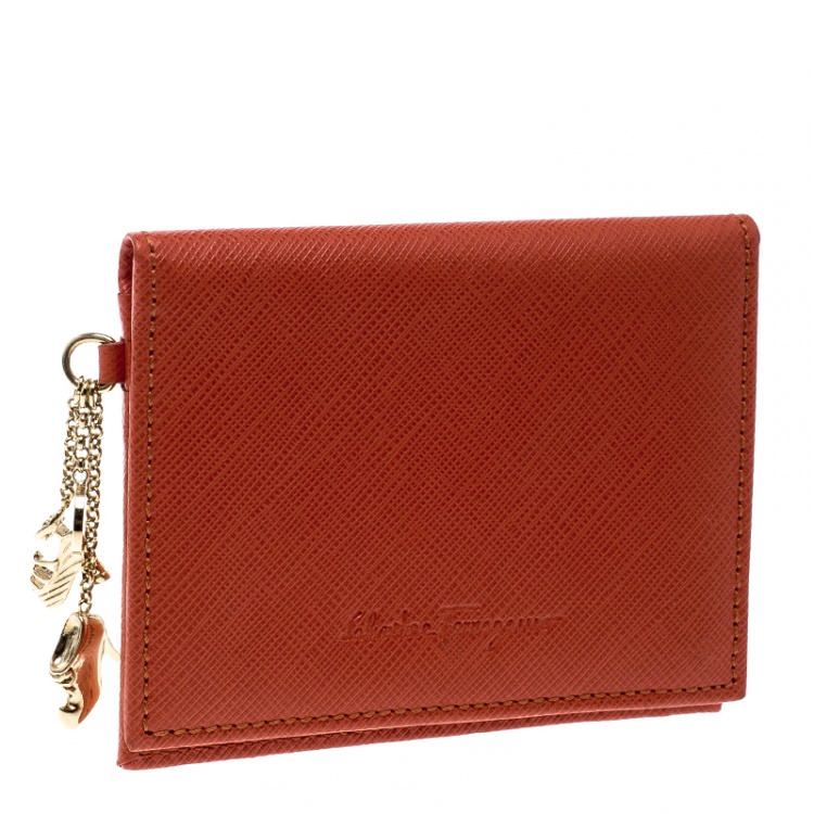 Pre Owned Salvatore Ferragamo Orange Leather Card Holder with Charm