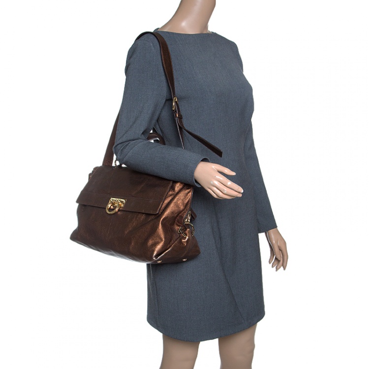 Pre Owned Salvatore Ferragamo Metallic Brown Leather Large Sofia Satchel