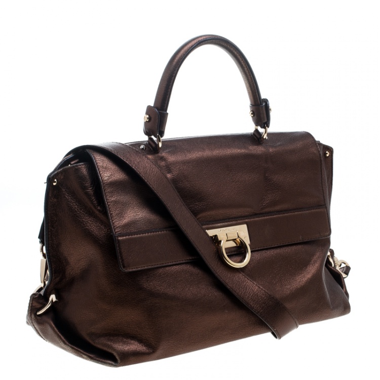 Pre Owned Salvatore Ferragamo Metallic Brown Leather Large Sofia Satchel