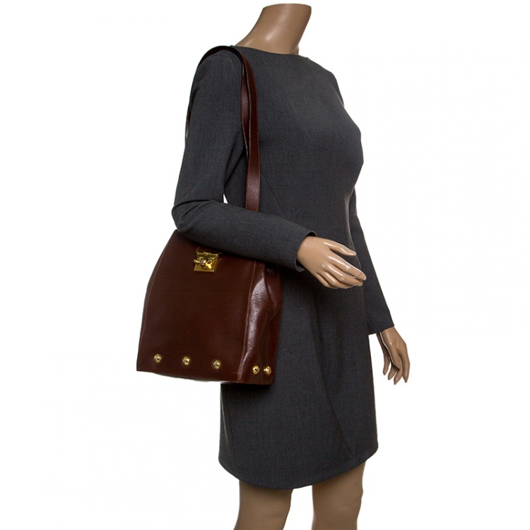 Pre Owned Salvatore Ferragamo Brown Leather Vintage Golden Motifs Shoulder Bag