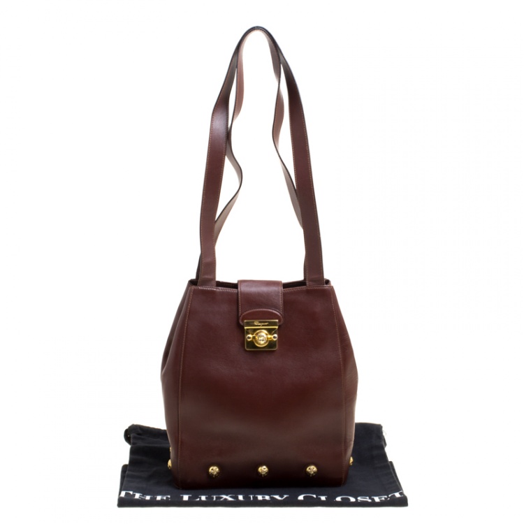 Pre Owned Salvatore Ferragamo Brown Leather Vintage Golden Motifs Shoulder Bag