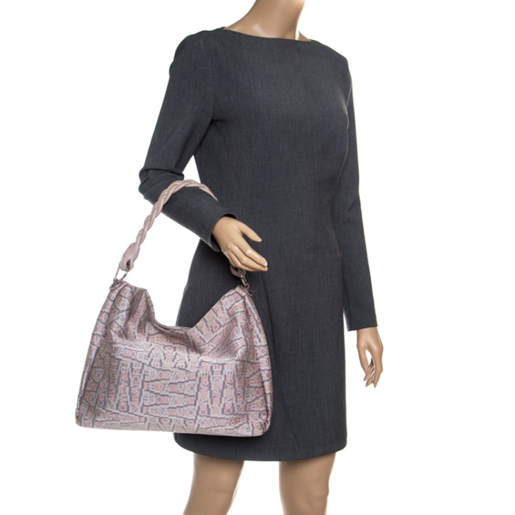Pre Owned Salvatore Ferragamo Biege Logo Printed Canvas Braided Handle Hobo