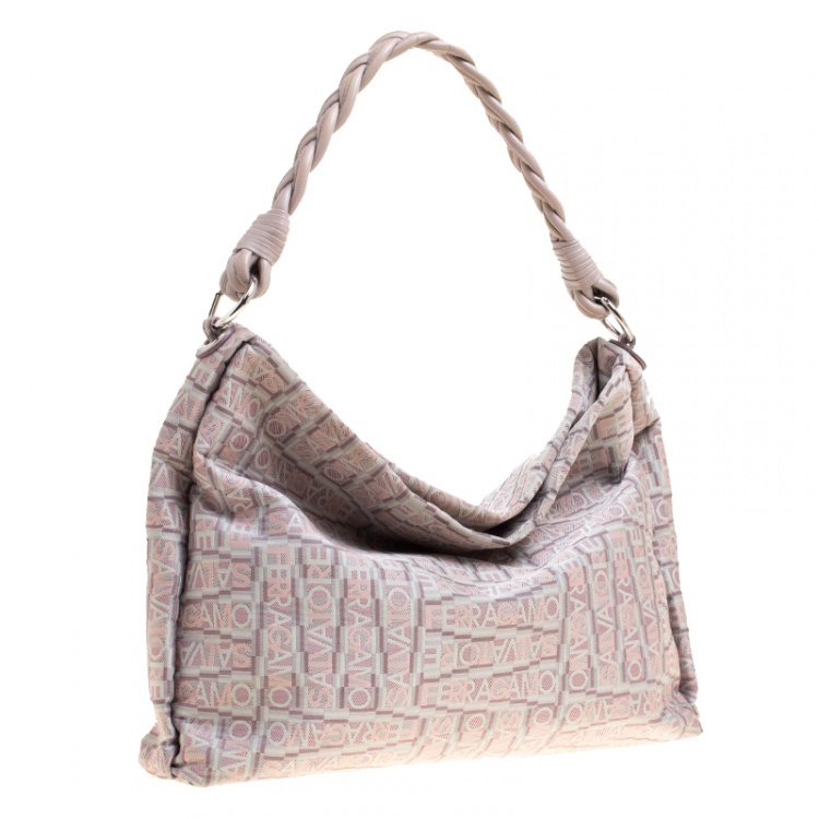 Pre Owned Salvatore Ferragamo Biege Logo Printed Canvas Braided Handle Hobo