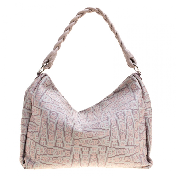 Pre Owned Salvatore Ferragamo Biege Logo Printed Canvas Braided Handle Hobo