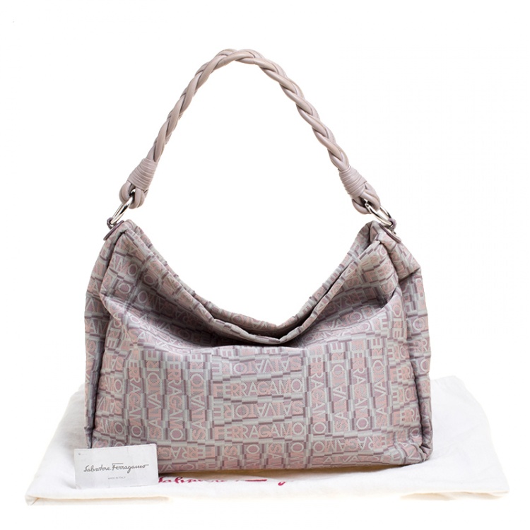 Pre Owned Salvatore Ferragamo Biege Logo Printed Canvas Braided Handle Hobo