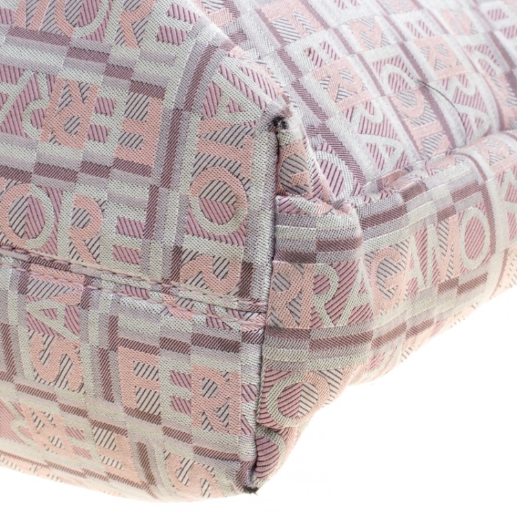 Pre Owned Salvatore Ferragamo Biege Logo Printed Canvas Braided Handle Hobo