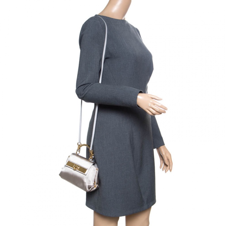 Pre Owned Salvatore Ferragamo Metallic Grey Satin Mini Sofia Crossbody Bag