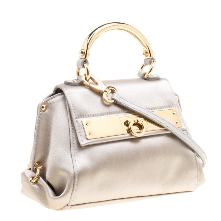 Pre Owned Salvatore Ferragamo Metallic Grey Satin Mini Sofia Crossbody Bag