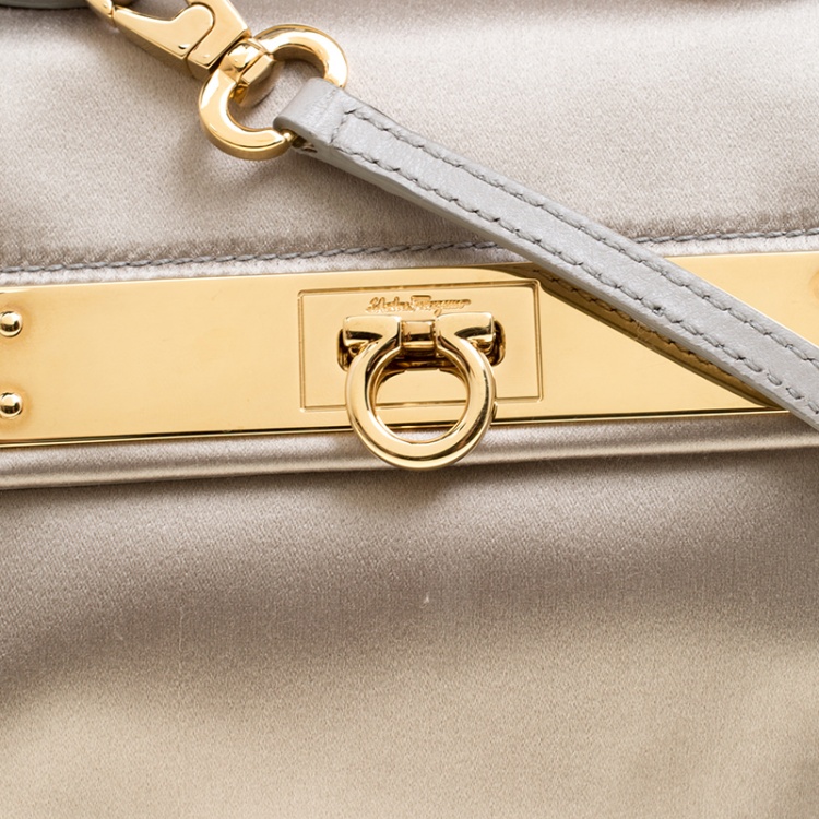 Pre Owned Salvatore Ferragamo Metallic Grey Satin Mini Sofia Crossbody Bag
