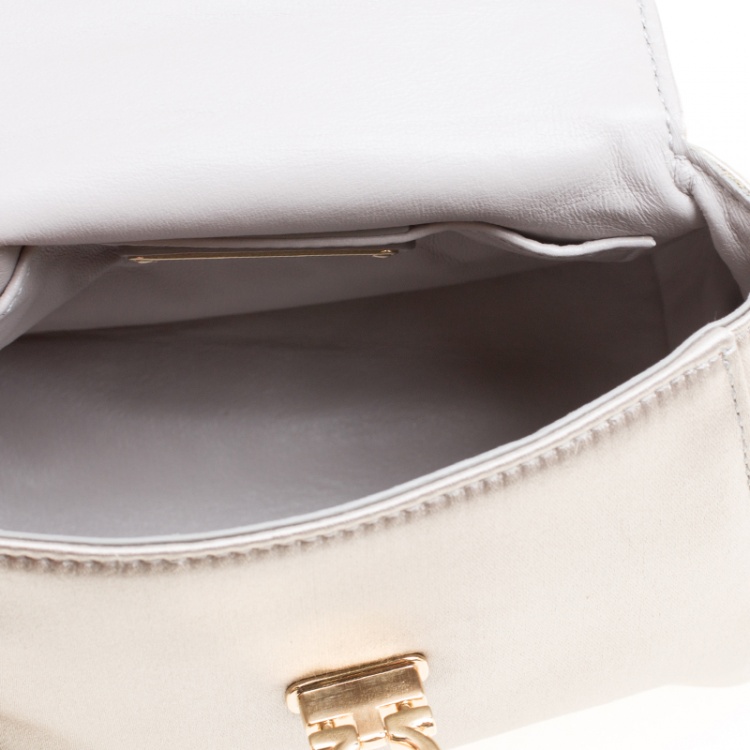 Pre Owned Salvatore Ferragamo Metallic Grey Satin Mini Sofia Crossbody Bag