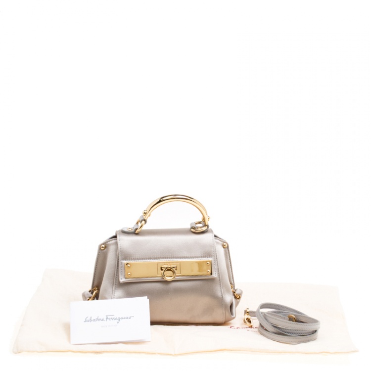 Pre Owned Salvatore Ferragamo Metallic Grey Satin Mini Sofia Crossbody Bag