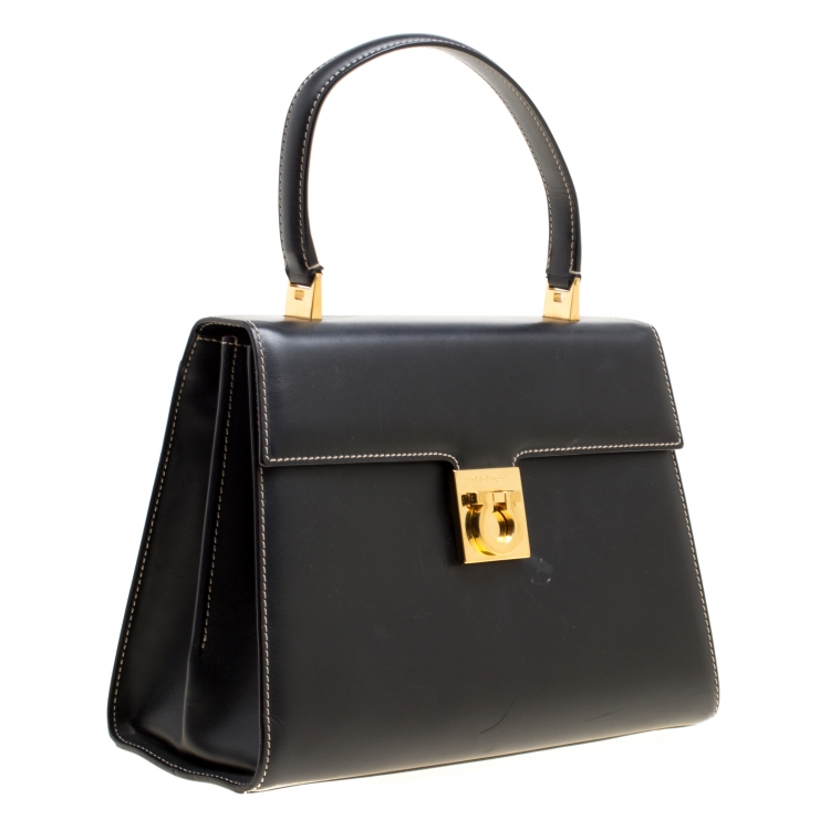 Pre Owned Salvatore Ferragamo Black Leather Gancio Top Handle Bag
