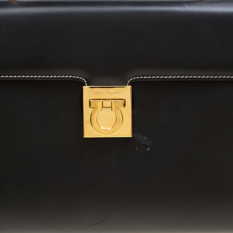 Pre Owned Salvatore Ferragamo Black Leather Gancio Top Handle Bag