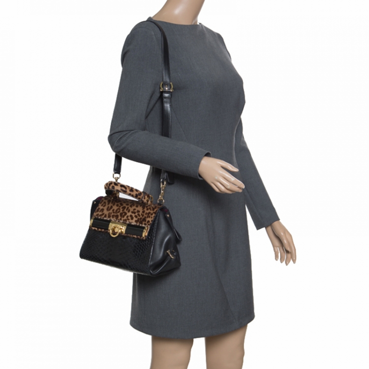Pre Owned Salvatore Ferragamo Black/Brown Leapard Print Calf Hair and Python Medium Sofia Top Handle Bag