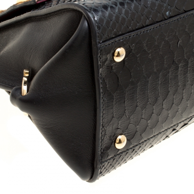 Pre Owned Salvatore Ferragamo Black/Brown Leapard Print Calf Hair and Python Medium Sofia Top Handle Bag