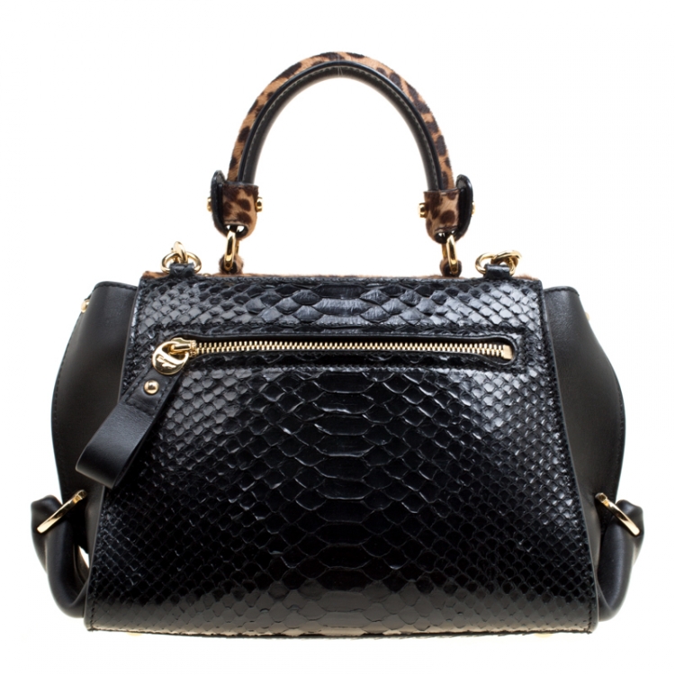 Pre Owned Salvatore Ferragamo Black/Brown Leapard Print Calf Hair and Python Medium Sofia Top Handle Bag