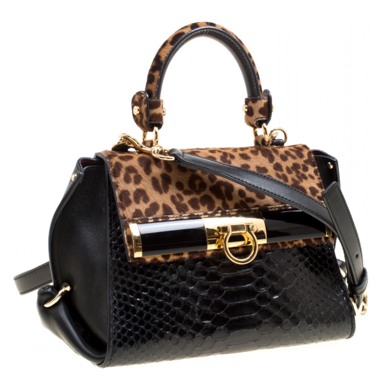 Pre Owned Salvatore Ferragamo Black/Brown Leapard Print Calf Hair and Python Medium Sofia Top Handle Bag