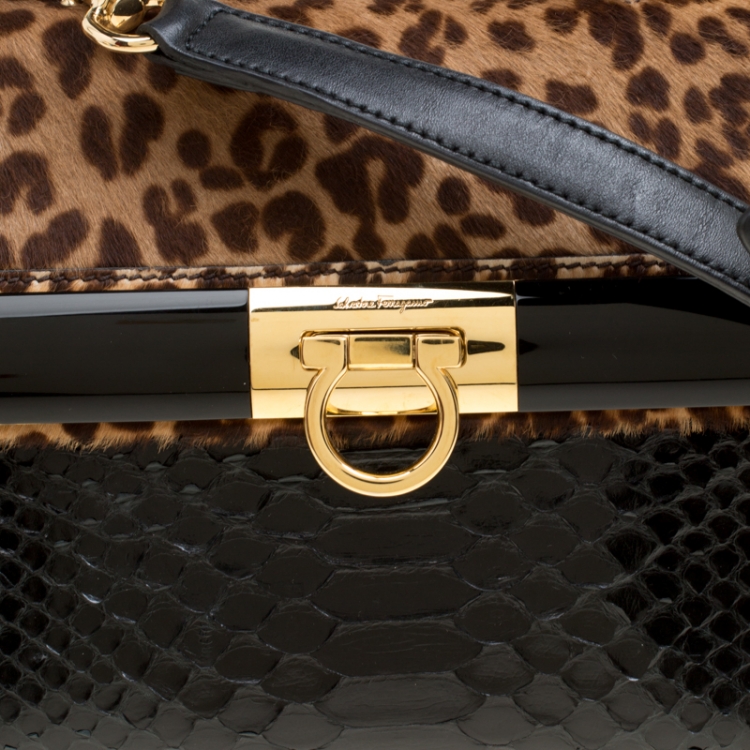 Pre Owned Salvatore Ferragamo Black/Brown Leapard Print Calf Hair and Python Medium Sofia Top Handle Bag