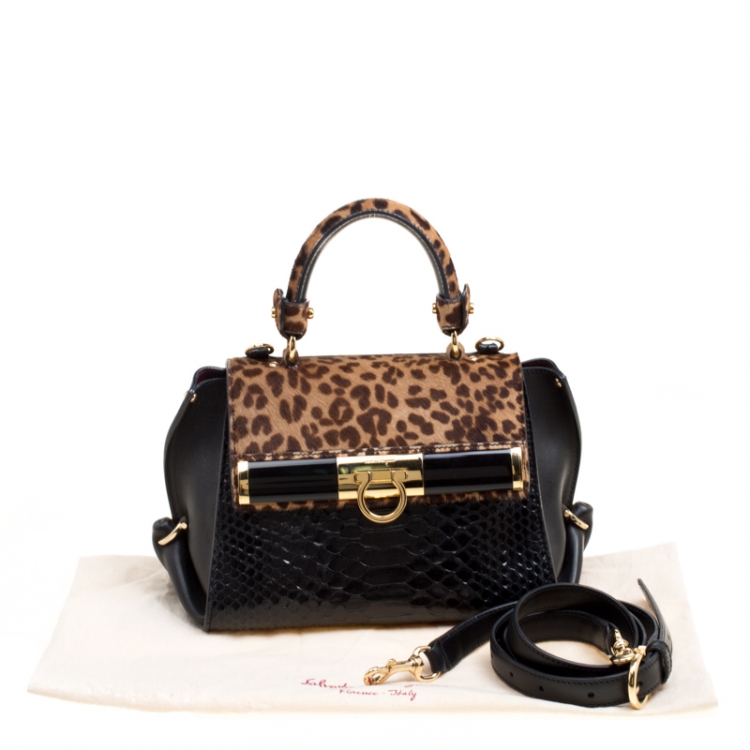 Pre Owned Salvatore Ferragamo Black/Brown Leapard Print Calf Hair and Python Medium Sofia Top Handle Bag