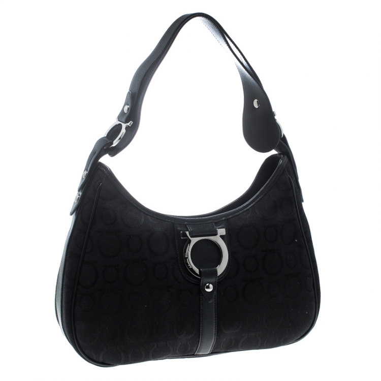 Pre Owned Salvatore Ferragamo Black Canvas and Leather Gancini Shoulder Bag