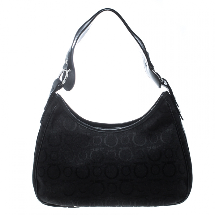 Pre Owned Salvatore Ferragamo Black Canvas and Leather Gancini Shoulder Bag