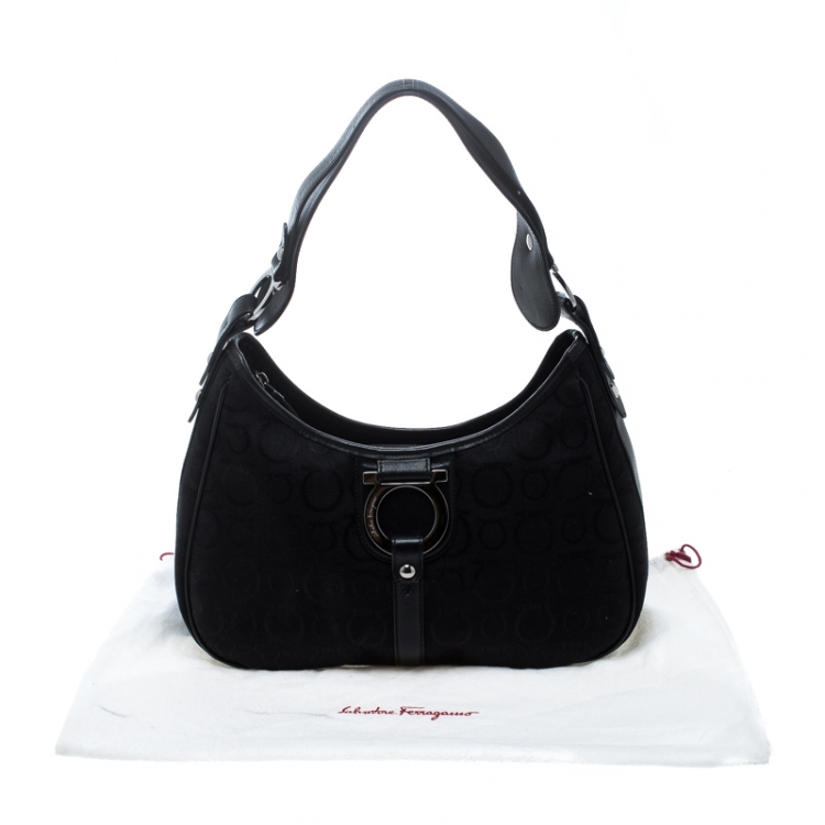 Pre Owned Salvatore Ferragamo Black Canvas and Leather Gancini Shoulder Bag