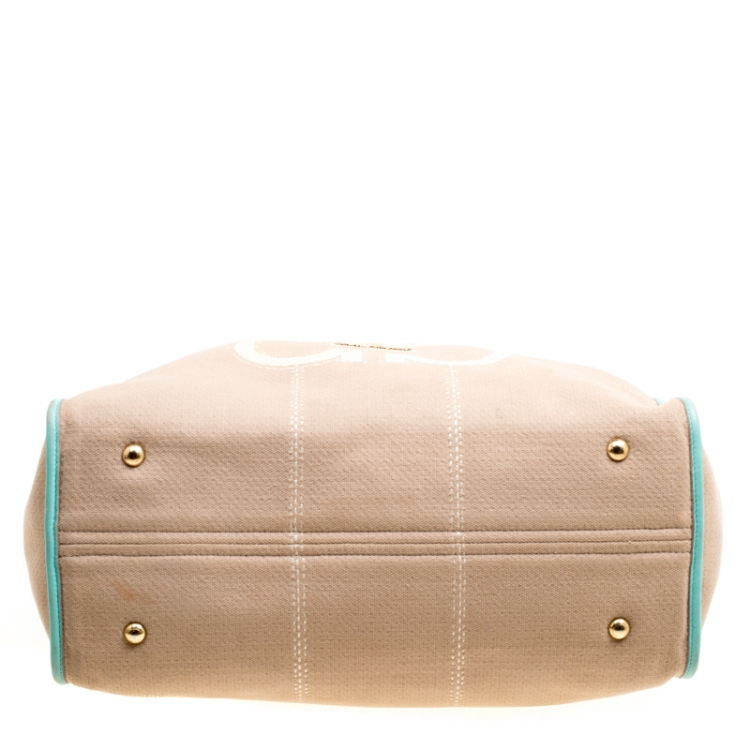 Pre Owned Salvatore Ferragamo Beige/Green Canvas and Leather Shopper Tote