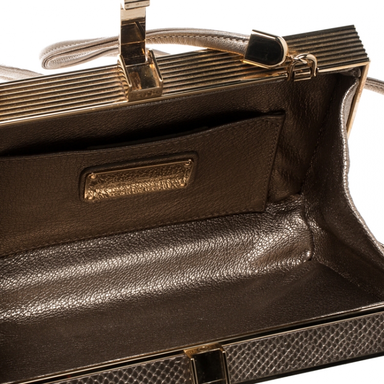 مملوكة مسبقًا Salvatore Ferragamo Beige/Gold Leather and Metal Box Clutch