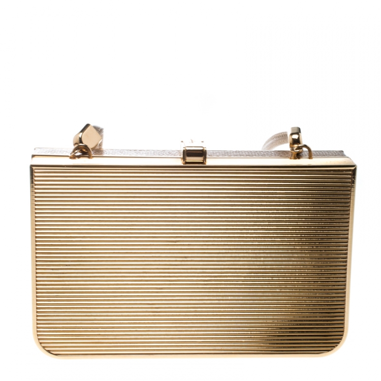 مملوكة مسبقًا Salvatore Ferragamo Beige/Gold Leather and Metal Box Clutch