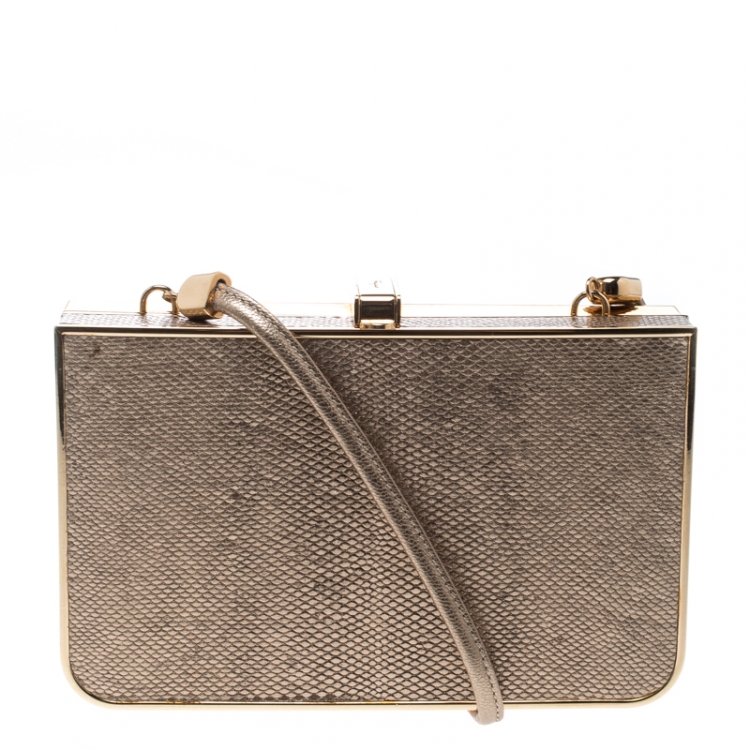 مملوكة مسبقًا Salvatore Ferragamo Beige/Gold Leather and Metal Box Clutch