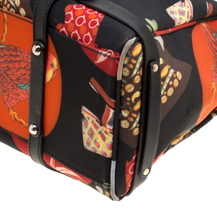 Pre Owned Salvatore Ferragamo Black Multicolor Printed Nylon Satchel