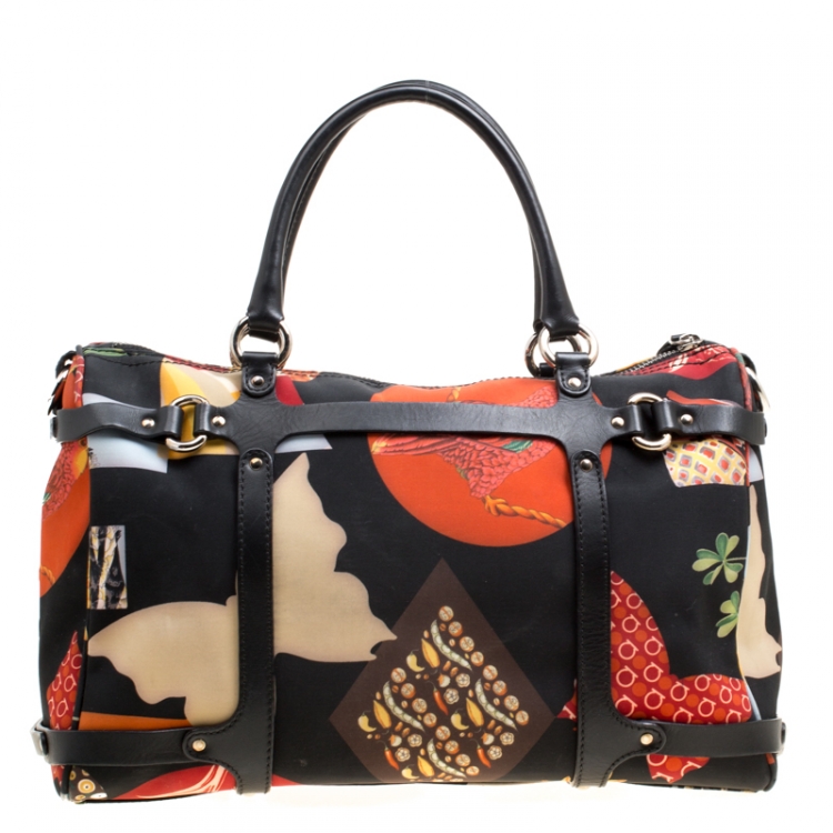 Pre Owned Salvatore Ferragamo Black Multicolor Printed Nylon Satchel