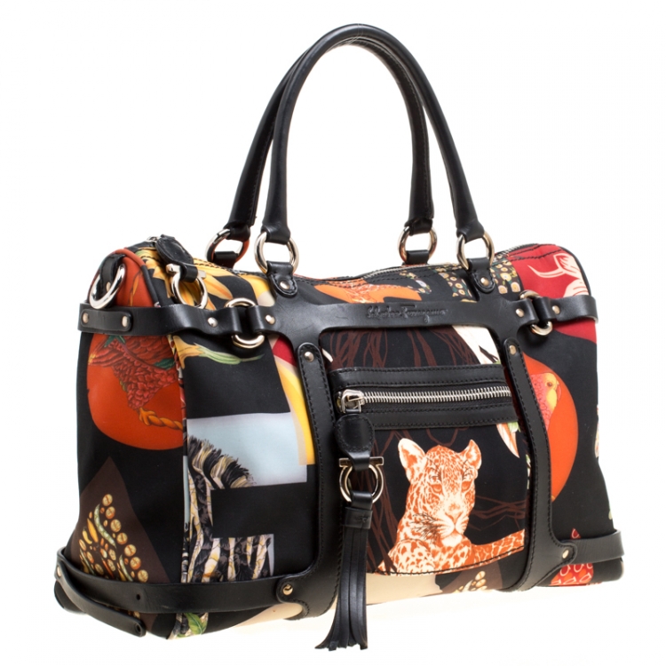 Pre Owned Salvatore Ferragamo Black Multicolor Printed Nylon Satchel