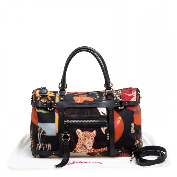 Pre Owned Salvatore Ferragamo Black Multicolor Printed Nylon Satchel