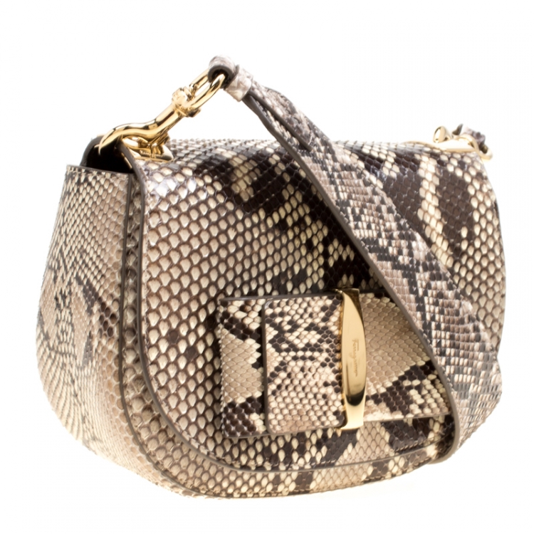Pre Owned Salvatore Ferragamo Beige/Brown Python Linda Shoulder Bag