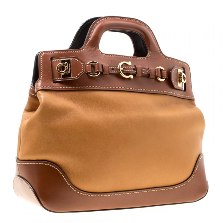 Pre Owned Salvatore Ferragamo Brown Two Tone Leather W Top Handle Bag