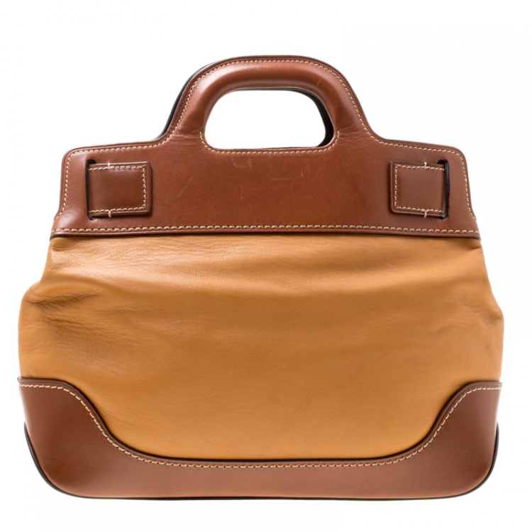 Pre Owned Salvatore Ferragamo Brown Two Tone Leather W Top Handle Bag