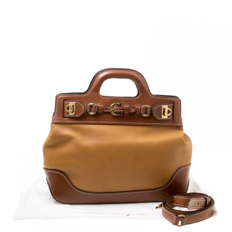 Pre Owned Salvatore Ferragamo Brown Two Tone Leather W Top Handle Bag
