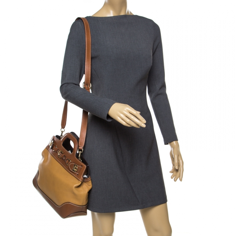 Pre Owned Salvatore Ferragamo Brown Two Tone Leather W Top Handle Bag
