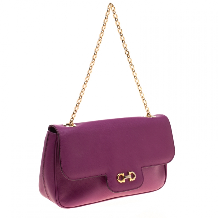 Pre Owned Salvatore Ferragamo Purple Leather Gancini Flap Bag