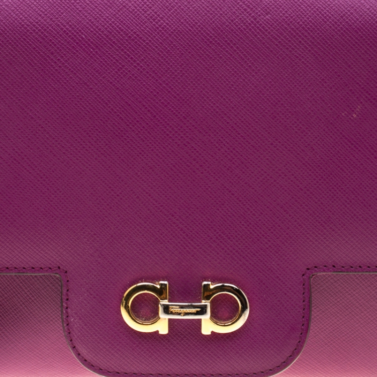 Pre Owned Salvatore Ferragamo Purple Leather Gancini Flap Bag