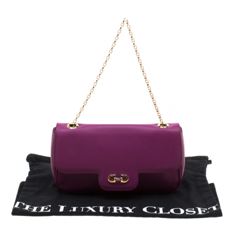 Pre Owned Salvatore Ferragamo Purple Leather Gancini Flap Bag