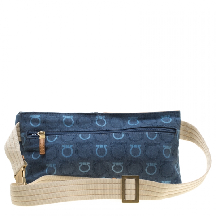 Pre Owned Salvatore Ferragamo Blue/Brown Canvas Fanny Pack Belt Bag