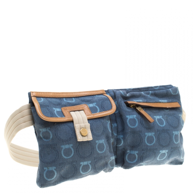 Pre Owned Salvatore Ferragamo Blue/Brown Canvas Fanny Pack Belt Bag