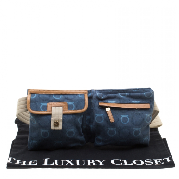 Pre Owned Salvatore Ferragamo Blue/Brown Canvas Fanny Pack Belt Bag