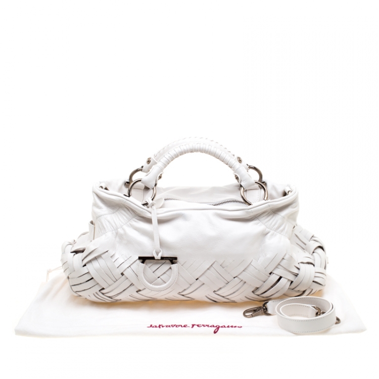 Pre Owned Salvatore Ferragamo White Woven Leather Satchel