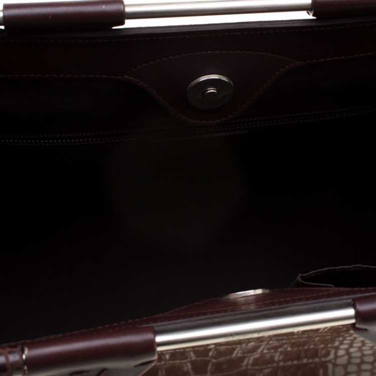 Pre Owned Salvatore Ferragamo Brown Croc Embossed Top Handle Bag