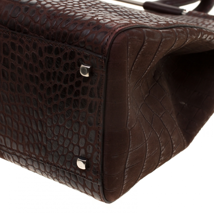 Pre Owned Salvatore Ferragamo Brown Croc Embossed Top Handle Bag