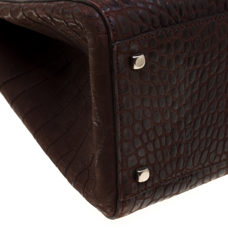 Pre Owned Salvatore Ferragamo Brown Croc Embossed Top Handle Bag