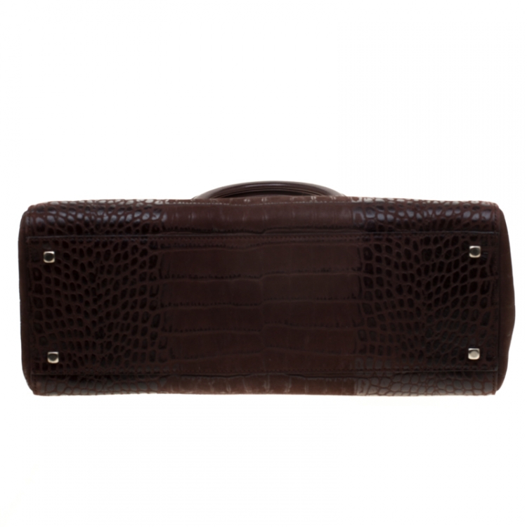 Pre Owned Salvatore Ferragamo Brown Croc Embossed Top Handle Bag